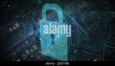 Abbildung von Prozessor, Zahlen und Online-Sicherheits-Vorhängeschloss Stockfoto