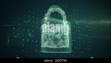 Bild von wechselnden Zahlen und Buchstaben über die Online-Cloud, das Schild und das Sicherheits-Vorhängeschloss Stockfoto
