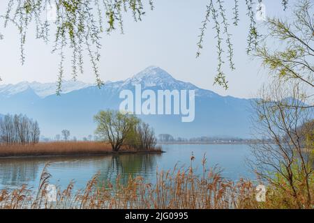 Der Monte legnone blickt auf das sumpfige Gebiet des Naturparks Pian di Spagna, in der Nähe der Stadt Dascio, Valtellina - März 2022. Stockfoto