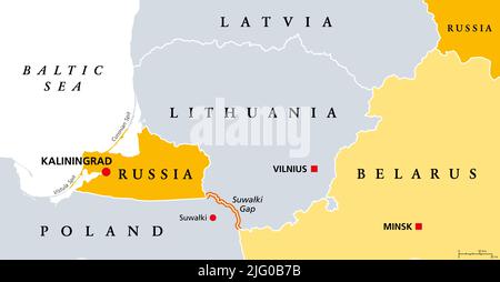 Suwalki Gap, politische Landkarte. Auch bekannt als Suwalki-Korridor, die Grenze von der russischen Exklave im Gebiet von Königsberg nach Weißrussland. Stockfoto