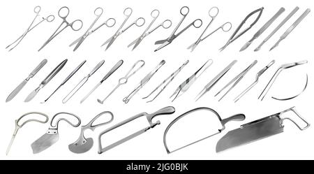 Set von chirurgischen Instrumenten. Pinzetten, Skalpelle, Gips- und Knochensägen, Amputation- und Putzmesser, mikrochirurgische Pinzetten und Klemmen, Haken, Nadel. Stock Vektor