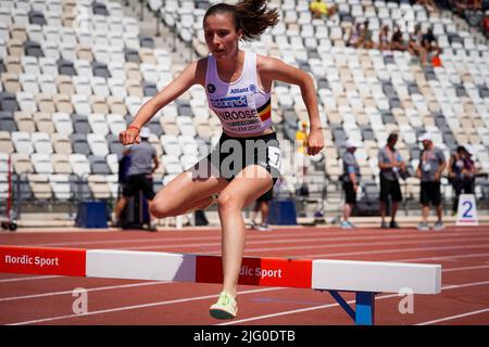 Jerusalem, Israel, 05. Juli 2022, Belgische Rhune Vanroose in Aktion am dritten Tag der Leichtathletik-Europameisterschaften U18, Dienstag, 05. Juli 2022 in Jerusalem, Israel. BELGA FOTO COEN SCHILDERMAN Stockfoto