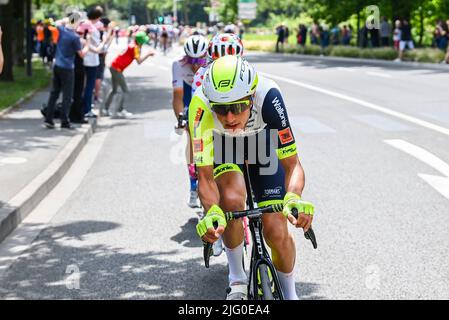 Hennegau, Frankreich, 06. Juli 2022. Das niederländische Taco van der Hoorn von Intermarche Wanty-Gobert-Material wurde während der fünften Etappe des Radrennens der Tour de France, einem 155 km langen Rennen von Lille Metropole nach Arenberg porte du Hainaut, Frankreich, am Mittwoch, den 06. Juli 2022, in Aktion gezeigt. Die diesjährige Tour de France findet vom 01. Bis 24. Juli 2022 statt. BELGA FOTO DAVID STOCKMAN - UK OUT Stockfoto