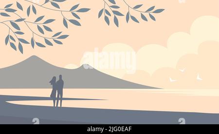 Seascape mit Küste und Bergen. Silhouette von jungen Mann und Frau. Baumzweig. Wilder Strand. Sommermeer. Wunderschöne Natur. Romantische Landschaft. Flach Stock Vektor