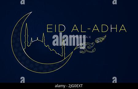 Eid al Adha Banner. Gold Line Kunstkonzept. Umriss von Mond und Moschee auf dunklem gemustertem Hintergrund mit Eid Al Adha Typografie. Vektorgrafik. Stock Vektor