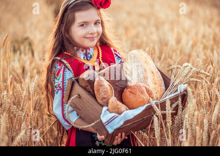 Schöne Mädchen Frau in traditionellen bulgarischen Folklore-Kleid hält Weidenkorb mit hausgemachten Brot in Weizenfeld Stockfoto