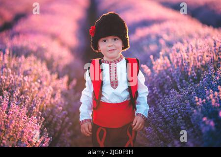 Baby Junge in traditionellen bulgarischen Folklore-Kostüm in Lavendel Feld. Arbeiter während der Lavendelernte. Stockfoto