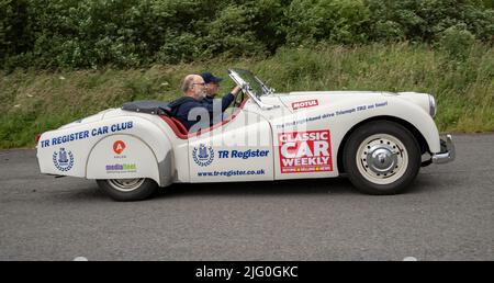 Triumph Oldtimer treffen sich im Solway Aviation Museum, Carlisle Cumbria. Stockfoto