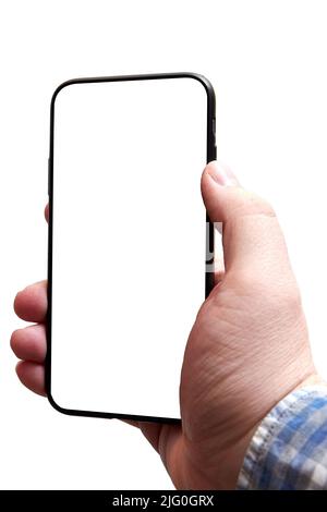 Mann Hand hält ein modernes Smartphone mit einem weißen Bildschirm für Mockup. Digitale Vorlagen und Werbung Stockfoto