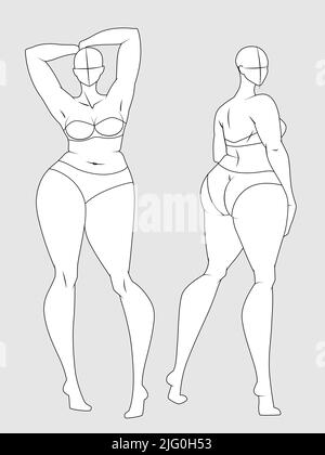 Plus Size Fashion Figure Vorlagen. Übertriebene Croquis für Modedesign und Illustration Stock Vektor