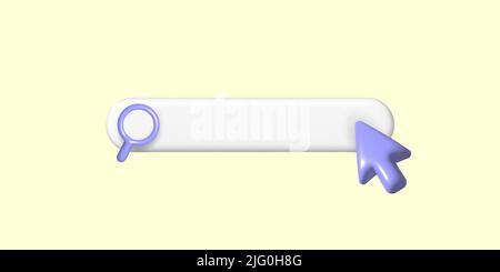 3D Vorlage für Suchleiste für Website. Realistischer Pfeil, Cursor, Lupe auf gelbem Hintergrund. Navigationssuche nach Browser. Kreatives Konzept de Stock Vektor
