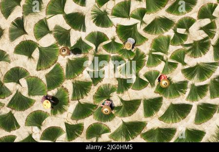 Peking, China. 6.. Juli 2022. Das Luftfoto vom 6. Juli 2022 zeigt Bauern, die in einem Trockenhof im Dorf Jinlong der Stadt Hengyang, der zentralchinesischen Provinz Hunan, arbeiten. Quelle: Cao Zhengping/Xinhua/Alamy Live News Stockfoto