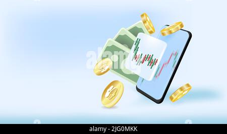 3D Aktien Online-Handel mit Smartphone und Geldmünze auf Handy. Illustration Stock Vektor