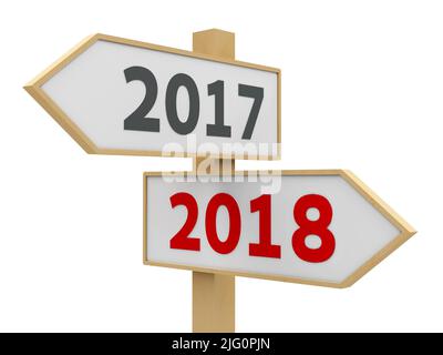Straßenschild mit 2017-2018 Änderung auf weißem Hintergrund stellt die neue 2018, dreidimensionale Darstellung, 3D Abbildung Stockfoto