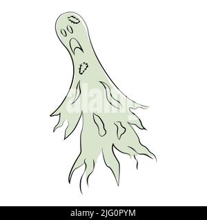 Vektordarstellung eines weißen Geistes, Phantomsilhouette isoliert auf weißem Hintergrund. Halloween gruseliges Monster, unheimlicher Geist oder Poltergeist fliegen in der Nacht. Mystische Kreatur ohne Körper. Stock Vektor