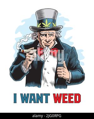 Onkel Sam mit einem gerollten Gelenk. Poster zur Legalisierung des Marihuana-Konzepts. Vektorgrafik im Comic-Stil. Stock Vektor