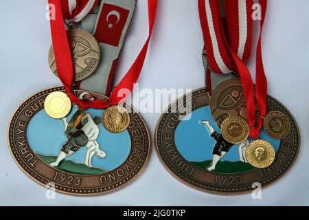 Kırkpınar (Türkisches Ölwrestling). Medaillen für die Sieger, die während des Kırkpınar-Turniers 648. in Edirne, Türkei, am 5. Juli 2009 abgebildet wurden. Stockfoto