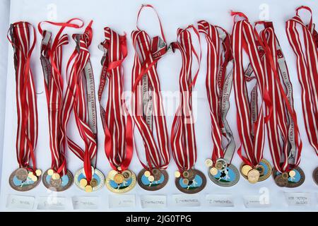 Kırkpınar (Türkisches Ölwrestling). Medaillen für die Sieger, die während des Kırkpınar-Turniers 648. in Edirne, Türkei, am 5. Juli 2009 abgebildet wurden. Stockfoto