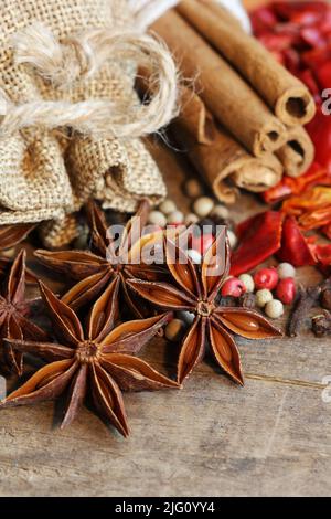 Gewürze Gewürze mit Aniskernen, Zimt, Nelke, Chili, in Makroaufnahme Stockfoto