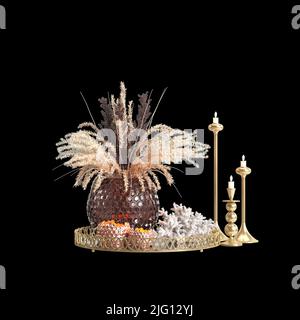 3D Illustration von Luxus-Set Dekoration auf schwarzem Hintergrund Stockfoto