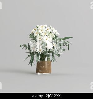 3D Illustration von schönen Blumen in romantischer Vase isoliert auf weißem Hintergrund Stockfoto