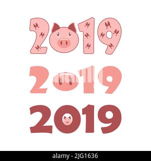 2019 Frohes neues Jahr. Set von niedlichen lustigen Schwein Vektor Stock Vektor