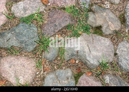 Fragment eines Fußweges mit Kopfsteinpflaster und großen Steinen mit Sand und Gras gesäumt. Für den Einsatz als abstrakte Hintergründe und Texturen. Stockfoto