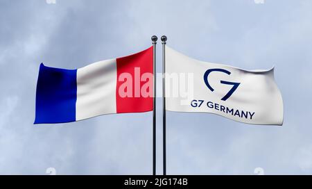 Frankreich und G7, Flagge G7 Deutschland und Frankreich, Mitglied G7 Frankreich, Gruppe der Sieben, Kopierraum, 3D Illustration und 3D Arbeit Stockfoto