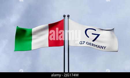 Italien und G7, Flagge G7 Deutschland und Italien, Mitglied G7 Italien, Gruppe der Sieben, Kopierraum, 3D Illustration und 3D Arbeit Stockfoto