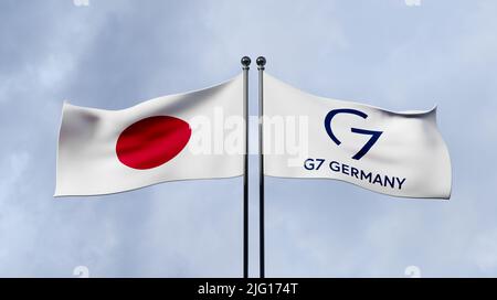 Japan und G7, Flagge G7 Deutschland und Japan, Mitglied G7 Japan, Gruppe der Sieben, Kopierraum, 3D Illustration und 3D Arbeiten Stockfoto