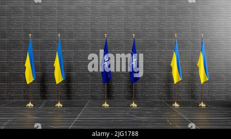 Ukraine und NATO. Flagge Ukraine und Flagge NATO, NATO-Gipfel. 3D Arbeit und 3D Illustration. Jerewan, Armenien - 2022. Juli 06 Stockfoto