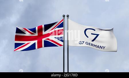 Vereinigtes Königreich und G7, Flagge G7 Deutschland und Vereinigtes Königreich, Mitglied G7 Vereinigtes Königreich, Gruppe der Sieben, Kopierraum, 3D Illustration und 3D Arbeit Stockfoto