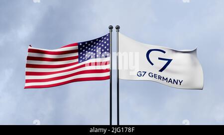 USA und G7, Flagge G7 Deutschland und USA, Mitglied G7 USA, Gruppe der Sieben, Kopierraum, 3D Illustration und 3D Arbeiten Stockfoto