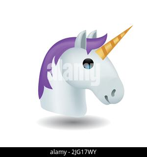 Flache Vektor Einhorn Emoji Illustration. Einhorn realistisches Vektor-Symbol isoliert auf Weiß. Aufkleber „Kopfporträt Pferd“. Stock Vektor