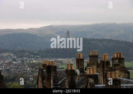 Blick auf das Wallace Monument durch Nebel über den Dächern von Stirling Castle Stockfoto