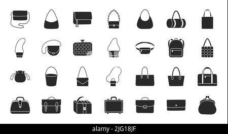 Illustration für Damentaschen mit flachen Symbolen - Geldbörse, Handtasche, Clutch, Business Aktentasche, Rucksack, Lederkoffer, Postback, Shopper. Glyphe Stock Vektor