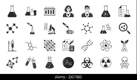 Chemie-Doodle-Illustration mit flachen Symbolen - Kolben, Laborröhrchen, Wissenschaftler, Propper, Petrischale, Becher, Experiment, Biotechnologie. Glyphe Stock Vektor