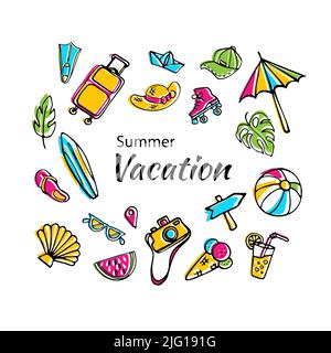 Sommerurlaub Doodle Clipart. Farbige skizzenhafte Objekte Stock Vektor