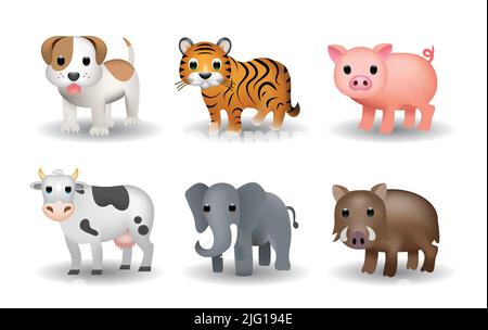Set von stehenden Tieren Vektor Emoji Illustration. Hund, Kuh, Schwein, Wildschwein, Elefant, tiger-Vektor-Symbolpaket isoliert auf weißem Hintergrund. Stock Vektor