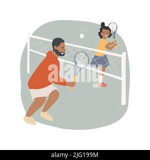 Badminton isoliert Cartoon Vektor Illustration. Eltern und Kinder spielen gemeinsam Badminton, Picknick-Freizeitaktivitäten, Familienmitglieder halten Schläger, schlagen einen Federball-Vektor-Cartoon ab. Stock Vektor