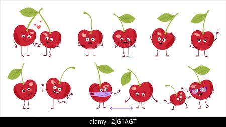 Set von niedlichen Kirschfiguren mit Emotionen, Gesichtern, Armen und Beinen. Glückliche oder traurige Helden, rote Beeren spielen, verlieben sich, halten ihre Distanz mit einer Maske, einem Lächeln oder Tränen. Vektorgrafik flach Stock Vektor