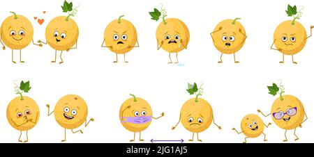 Set von niedlichen Melone-Figuren mit Emotionen, Gesichtern, Armen und Beinen. Glückliche oder traurige Helden, exotische Früchte spielen, sich verlieben, sich mit einer Maske, einem Lächeln oder Tränen distanzieren. Vektorgrafik flach Stock Vektor