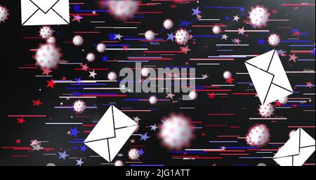 Mehrere Hüllkurvensymbole und Covid-19-Zellen, die sich gegen Lichtspuren und Sterne auf schwarzem Hintergrund bewegen Stockfoto