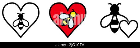 Einfaches Bienensymbol im Herzsymbol, verschiedene Versionen Stock Vektor