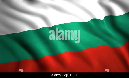 Die bulgarische Flagge flattert im Wind. Bewegung. Konzept des Patriotismus, winkende Nationalflagge Stockfoto