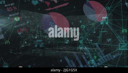 Bild des Globus des Netzwerks von Verbindungen mit Zahlen und Datenverarbeitung Stockfoto