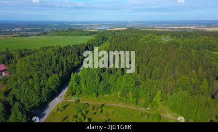 Luftaufnahme eines schönen grünen Waldes im Sommer und einer schmalen Straße auf blauem Himmel Hintergrund. Clip. Fliegen Sie an einem sonnigen Sommertag über die Landschaft Stockfoto
