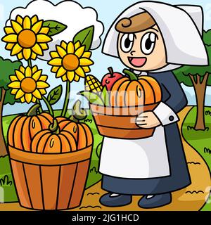 Thanksgiving Pilgrim Girl Colored Cartoon Stock Vektor