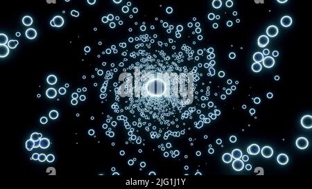Bunte Neonblasen fliegen in einer Spirale auf schwarzem Hintergrund. Design. Drehender Tornado aus kleinen Kreisen Stockfoto
