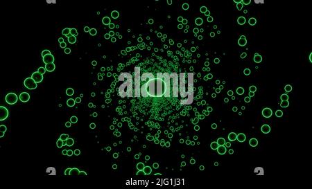 Bunte Neonblasen fliegen in einer Spirale auf schwarzem Hintergrund. Design. Drehender Tornado aus kleinen Kreisen Stockfoto